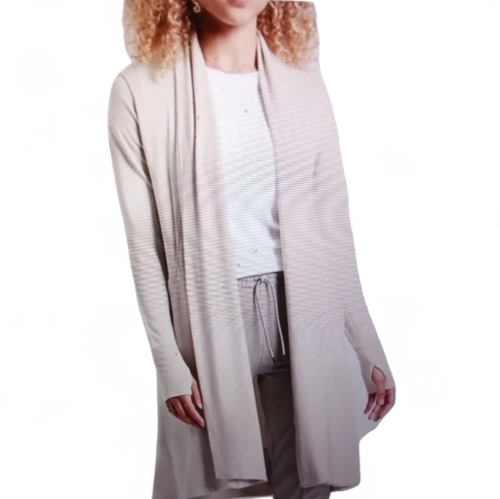 Athleta Pranayama Long Wrap Cardigan Beige Open Front Duster Cozy Jacket Sz XS